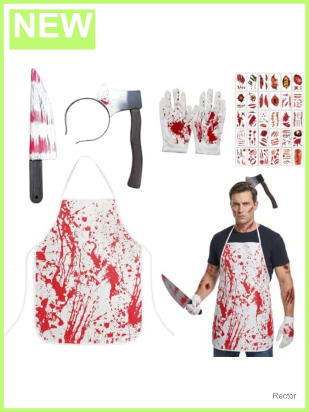 Complete Butcher Halloween Costume Set Apron Axe Headband Knife Prop Adult